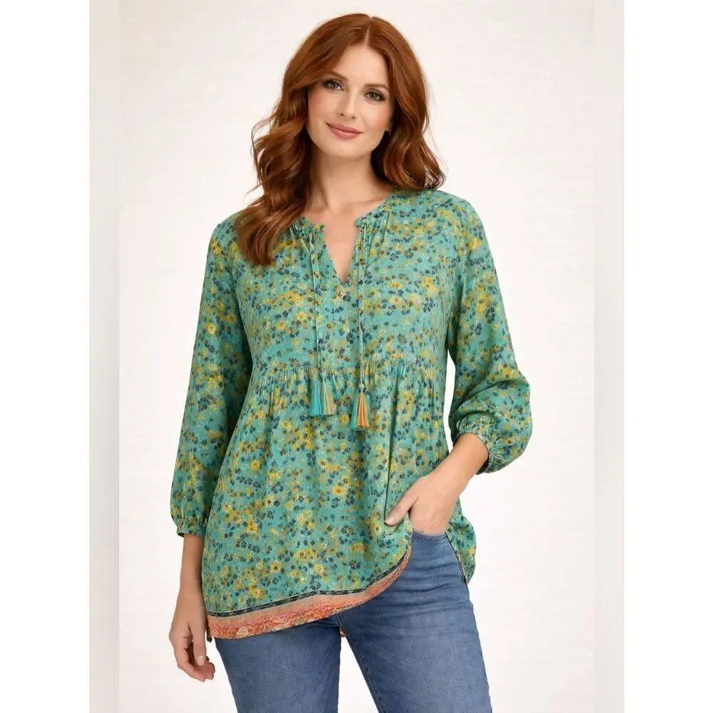 Anthropologie Tolani Teal and Yellow Sunflower Blouse